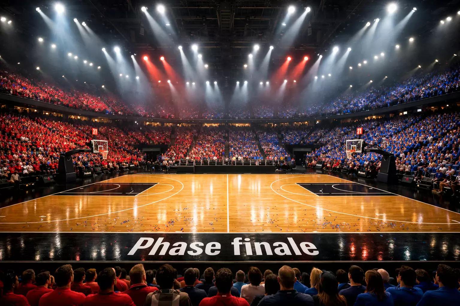Cancha de baloncesto NBA decorada para los playoffs con focos intensos y gradas llenas