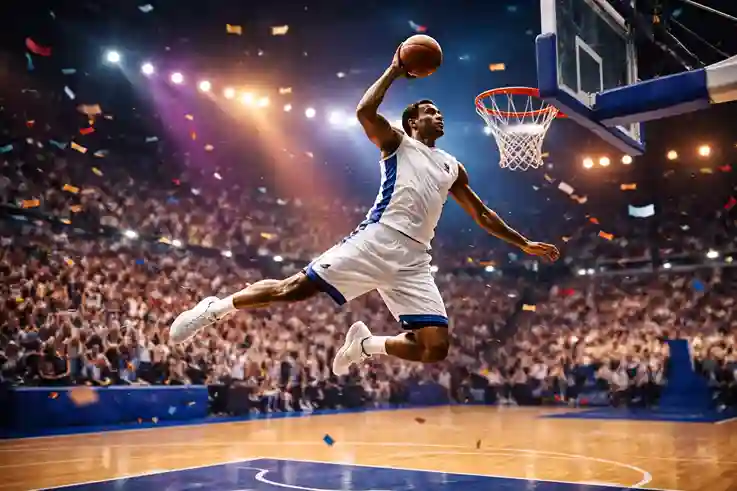 Jugador de baloncesto realizando un mate espectacular durante una exhibición en un pabellón
