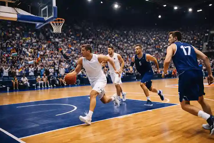 Selecciones nacionales de baloncesto enfrentándose en una cancha con banderas en las gradas