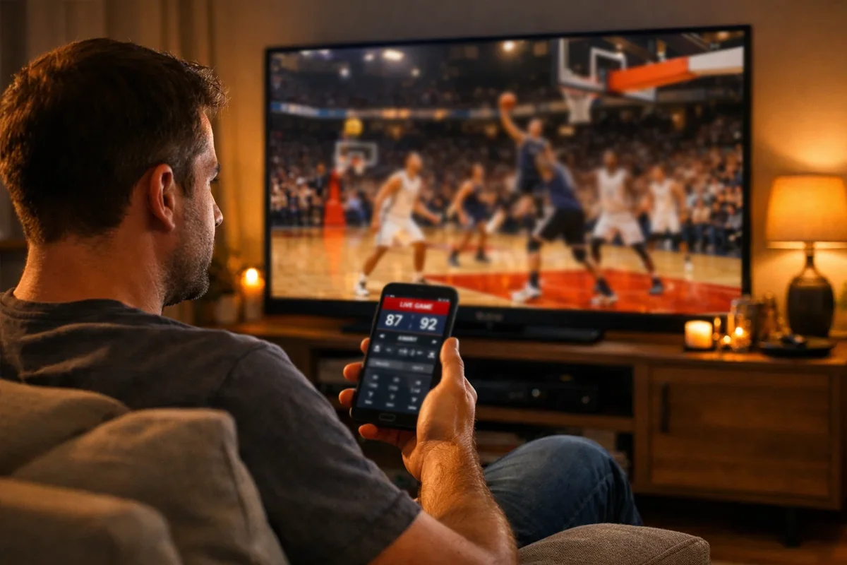 Aficionado viendo un partido de baloncesto en directo en televisión desde el sofá con smartphone