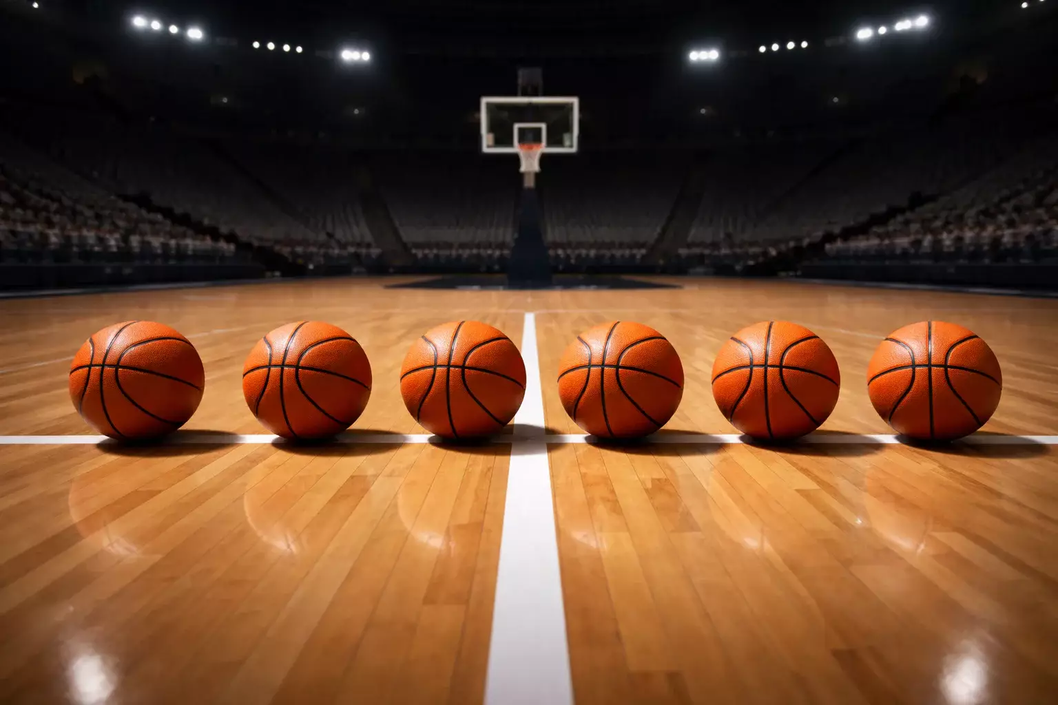 Varios balones de baloncesto alineados sobre la línea de medio campo en un pabellón vacío