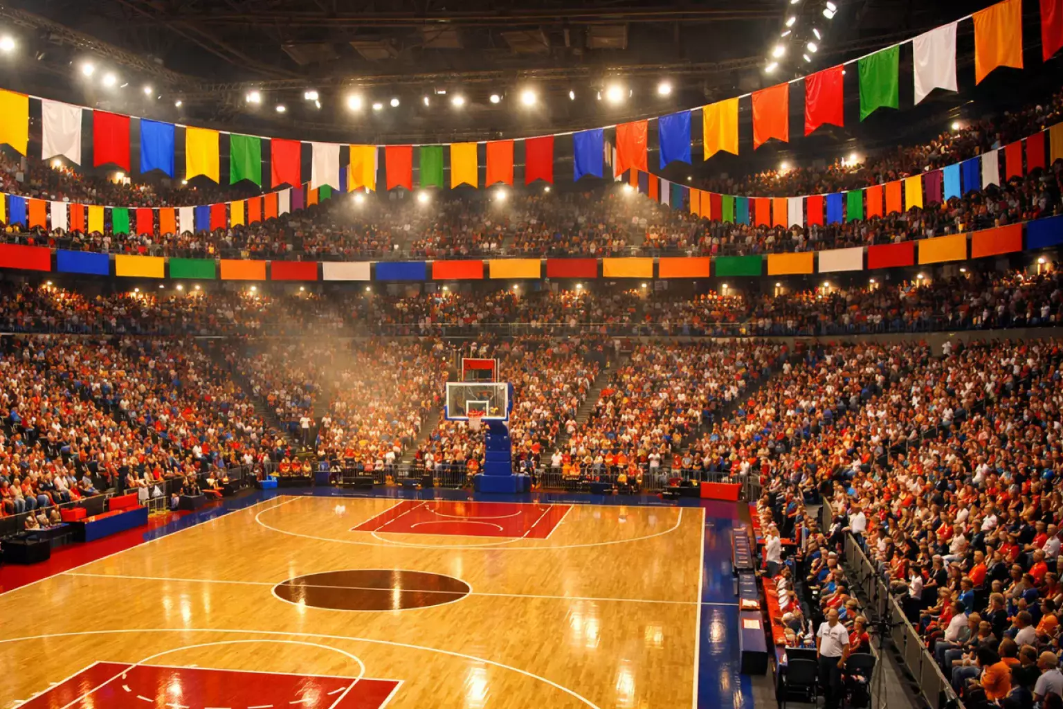 Pabellón de baloncesto con pancartas de equipos ACB preparado para un torneo de copa