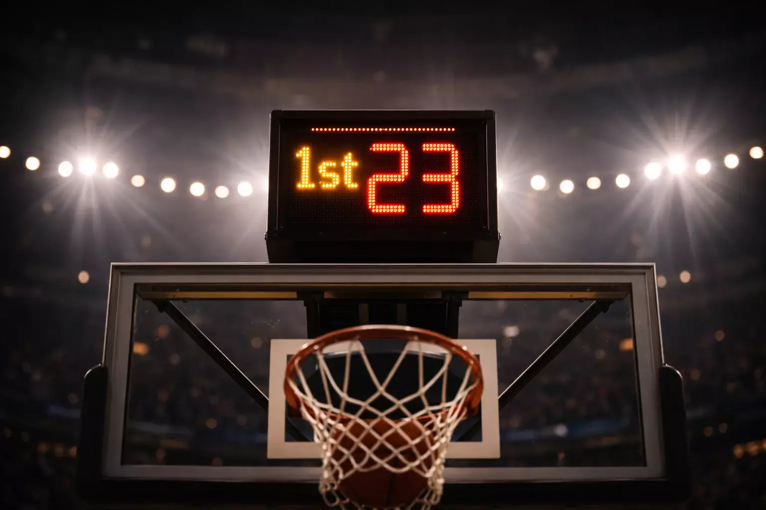Reloj de posesión y marcador del primer cuarto en un pabellón de baloncesto profesional