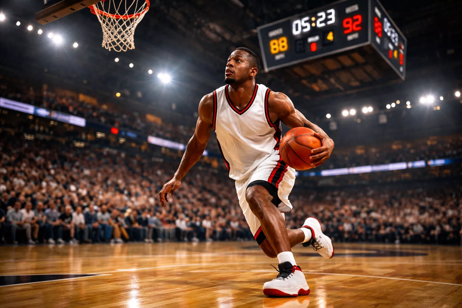 Partido de baloncesto NBA en curso con marcador electrónico en un pabellón iluminado