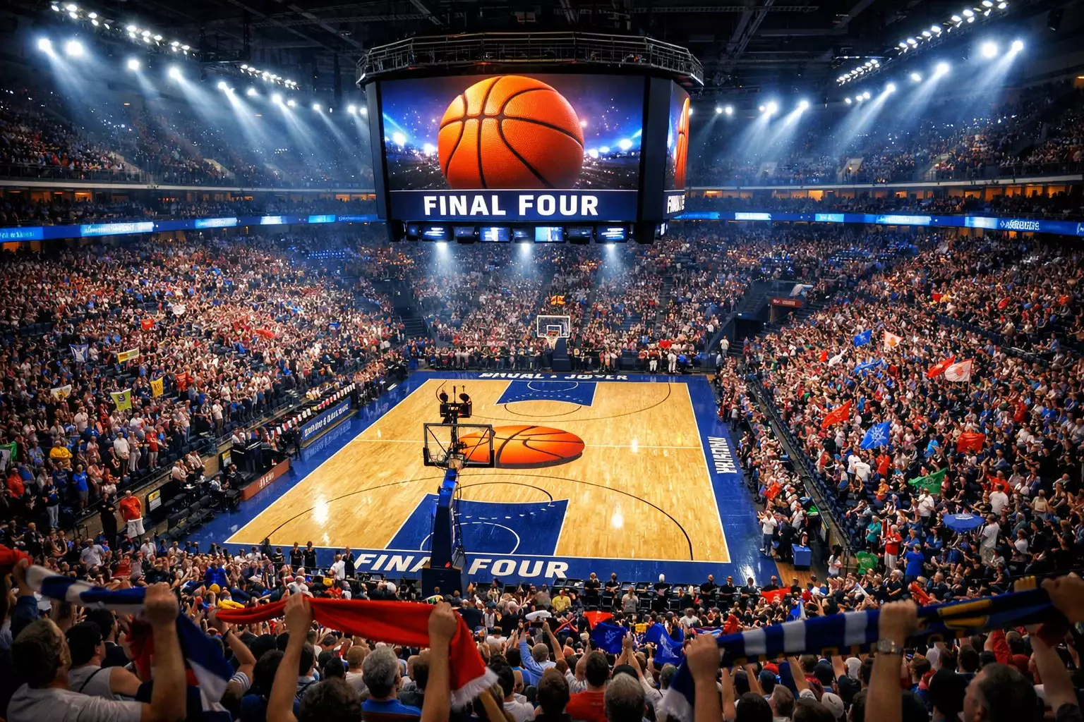 Arena de baloncesto europea iluminada para la Final Four de la Euroliga con aficionados