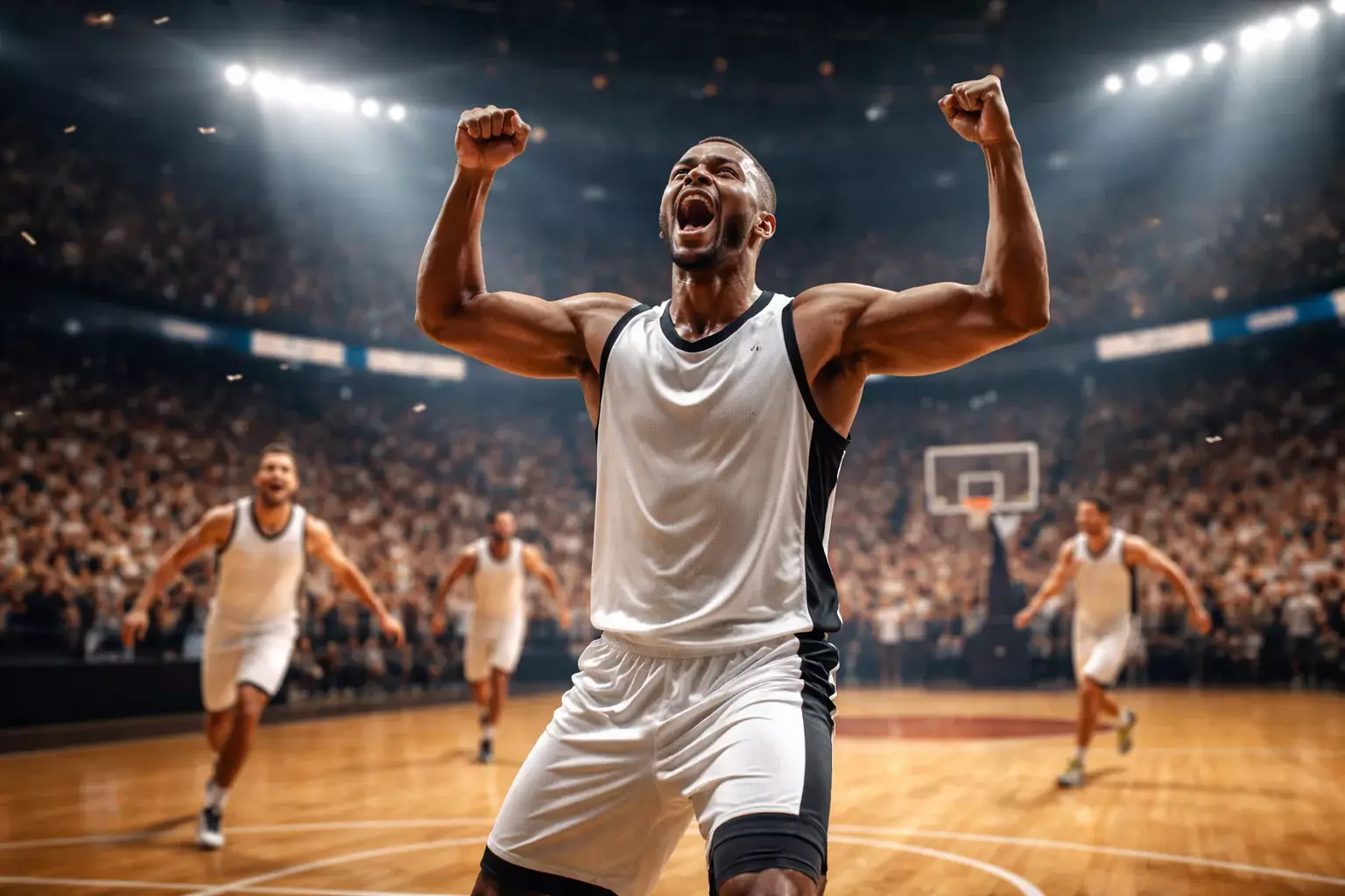 Jugador de baloncesto celebrando una victoria en la cancha de parqué con los brazos en alto
