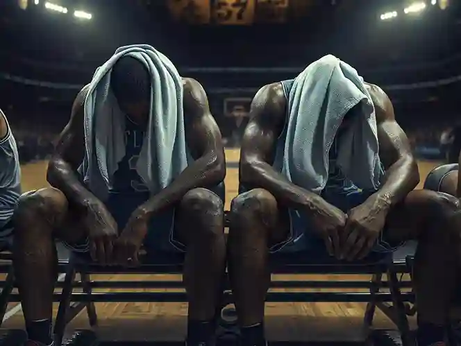 Jugadores de baloncesto NBA descansando en el banquillo durante un partido nocturno