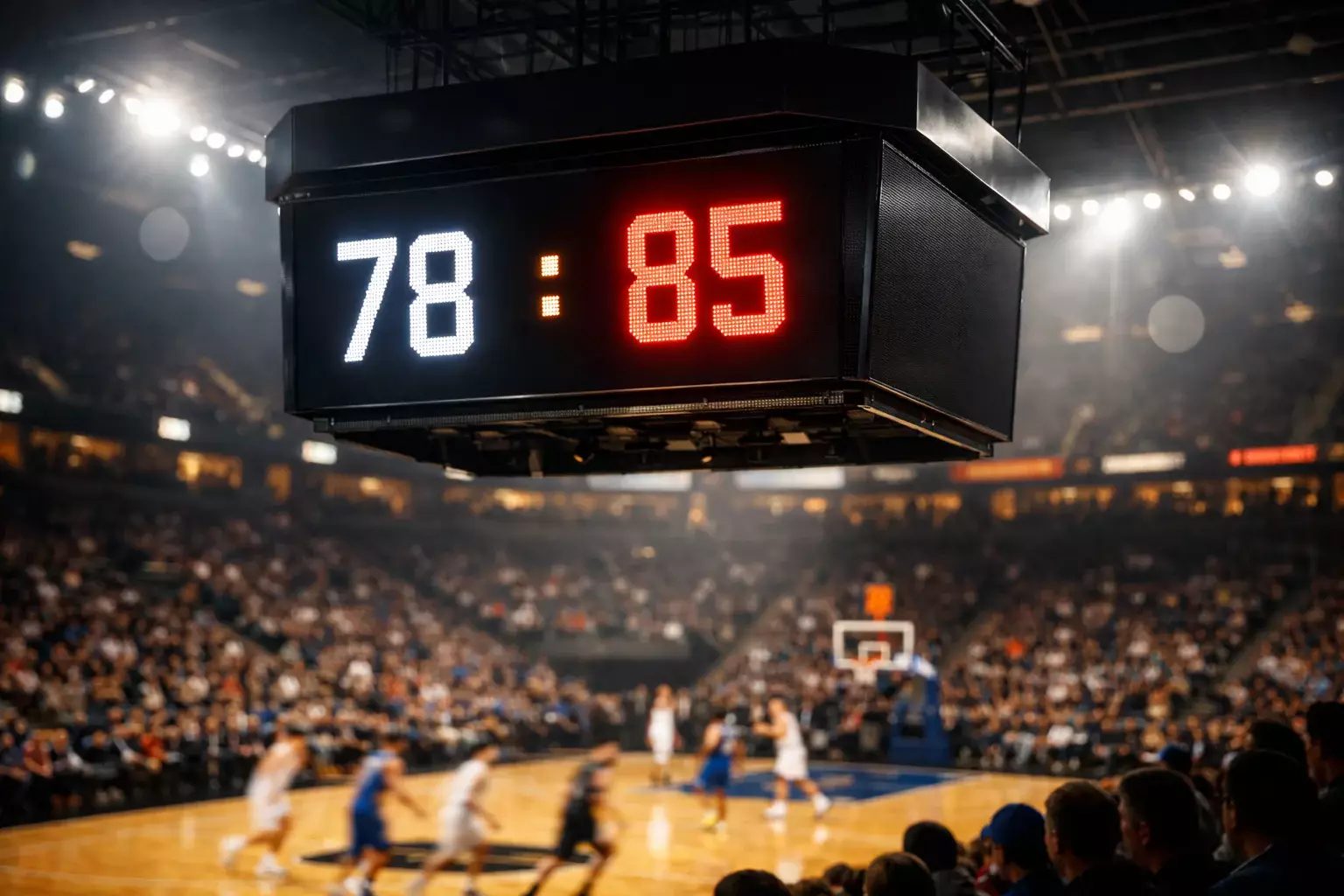 Marcador electrónico de un pabellón de baloncesto mostrando el tanteo durante un partido