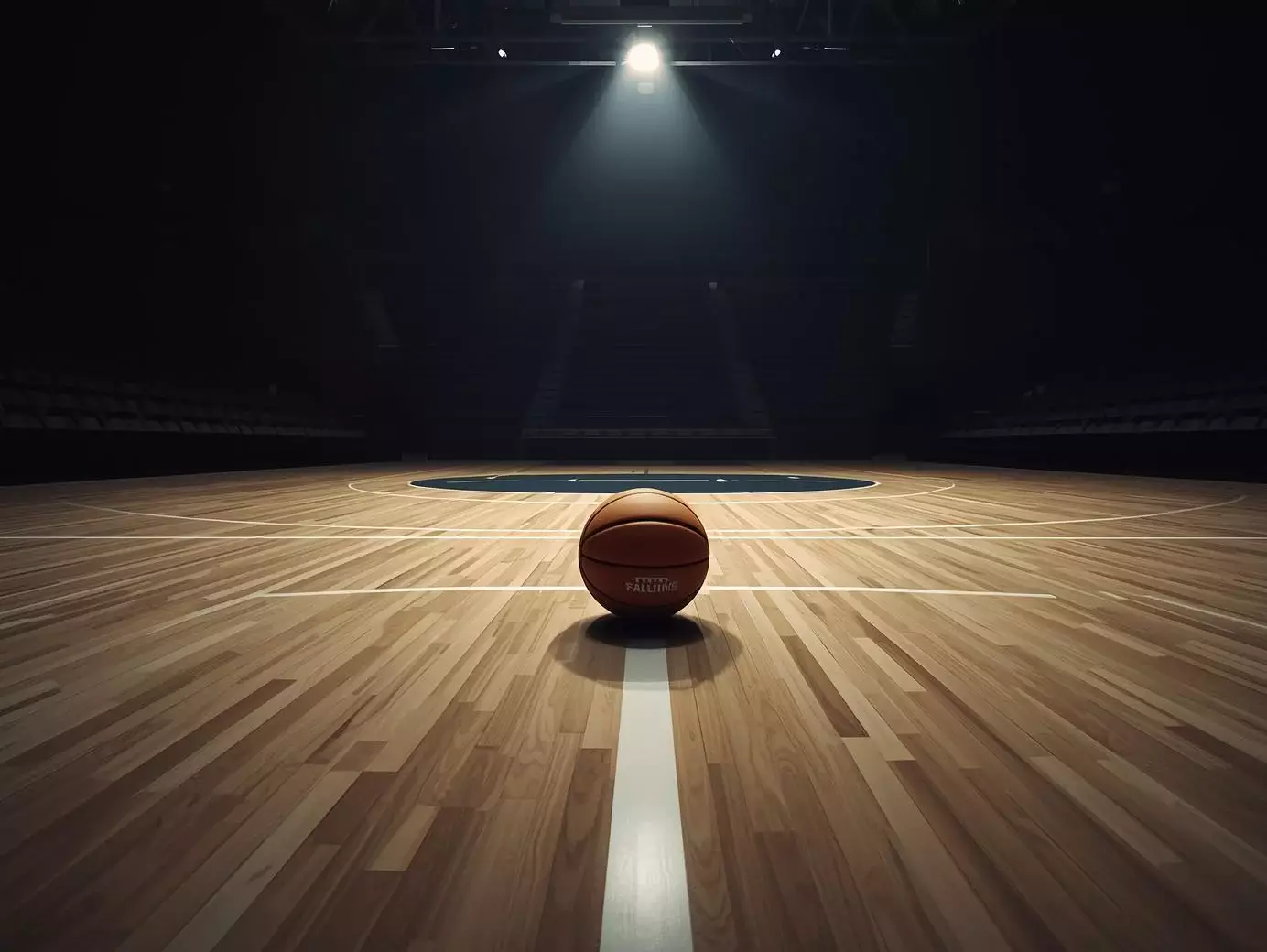 Balón de baloncesto rodando fuera de la cancha junto a la línea de banda en un pabellón