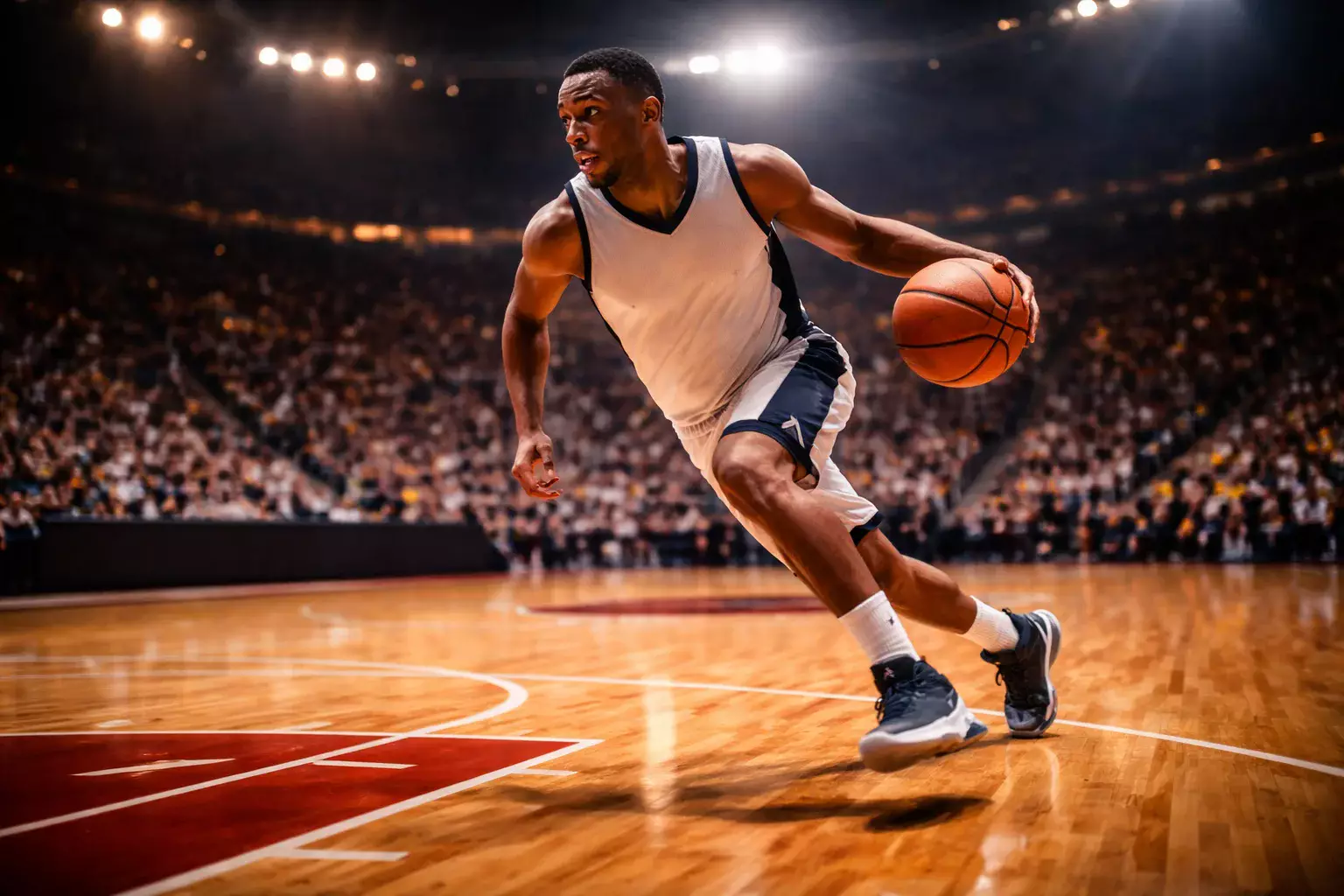 Jugador de baloncesto en acción en una cancha de parqué de la NBA bajo focos