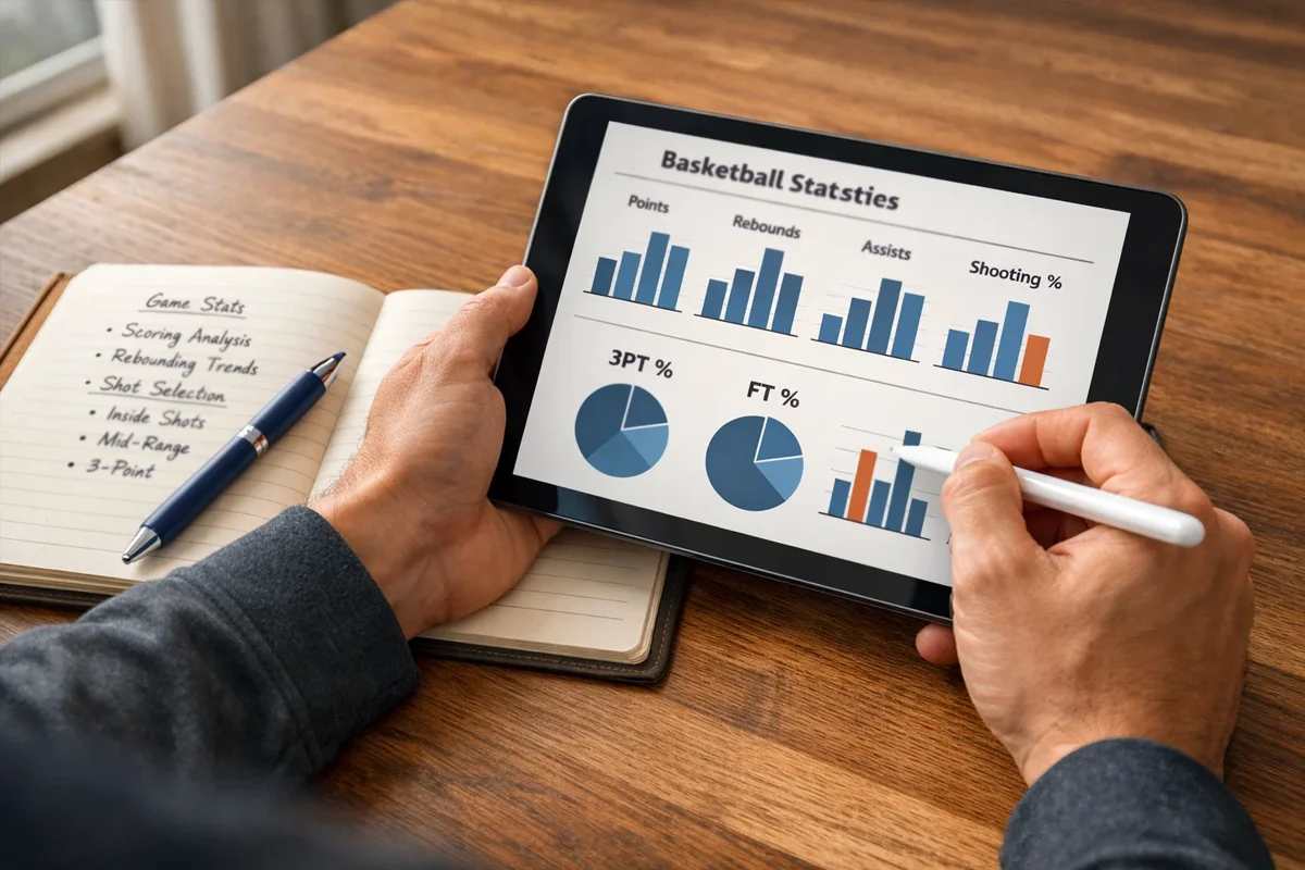 Persona analizando estadísticas de baloncesto en una tablet con notas y bolígrafo
