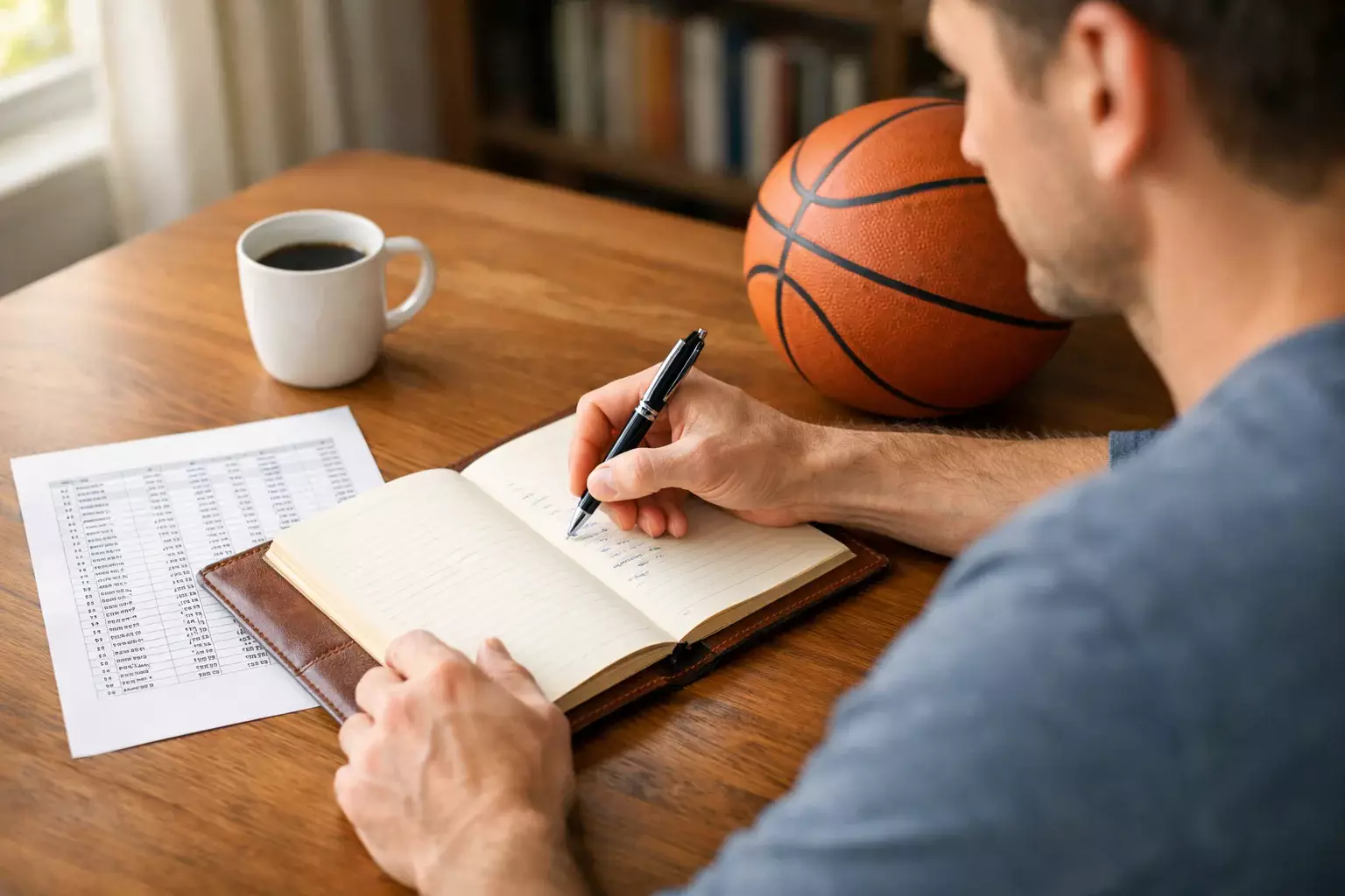 Persona planificando su bankroll de apuestas de baloncesto con un cuaderno y bolígrafo