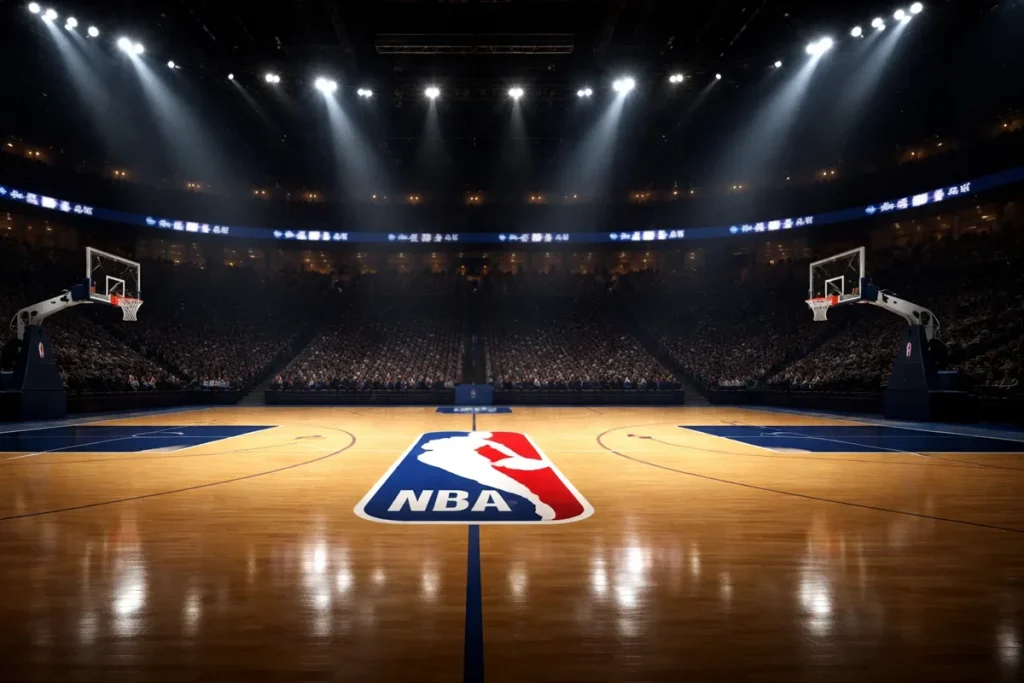Cancha de baloncesto NBA iluminada durante un partido nocturno