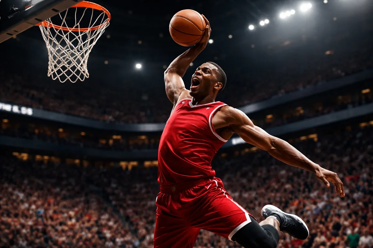 Jugador de baloncesto NBA realizando un mate espectacular