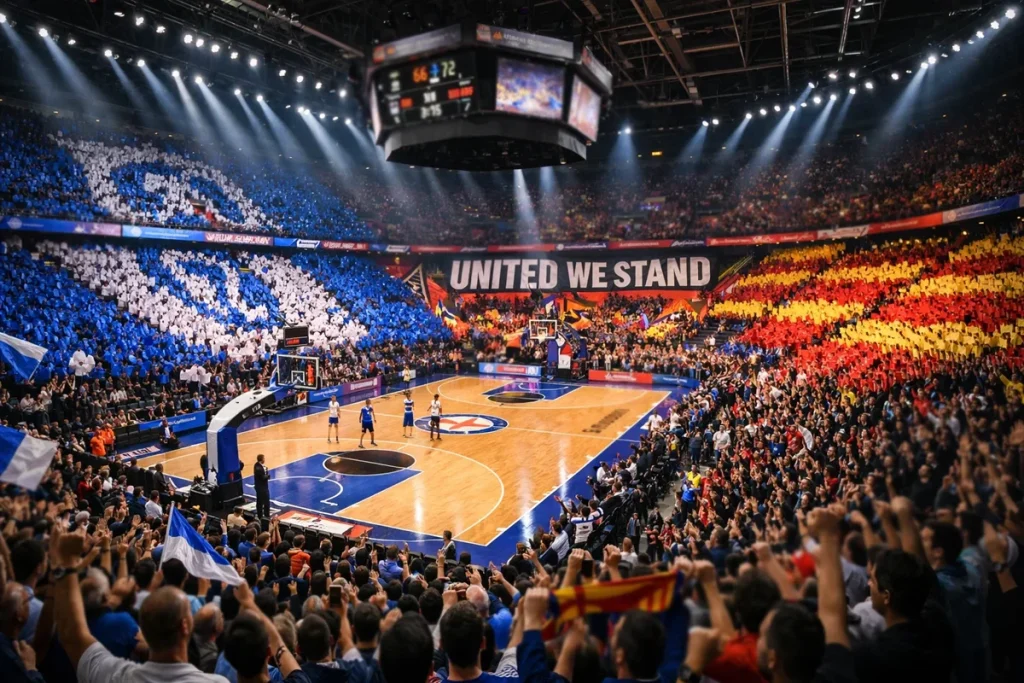 Pabellón de baloncesto europeo lleno de aficionados