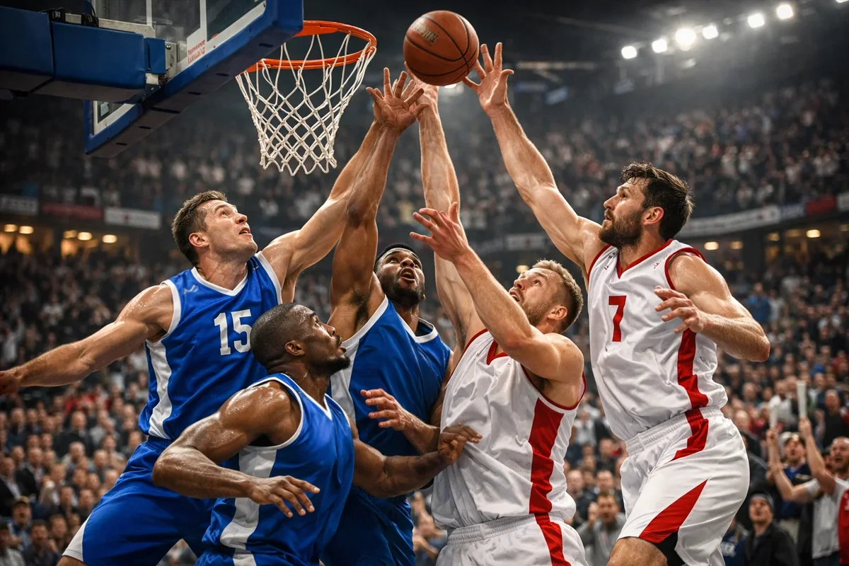 Jugadores de equipos europeos de baloncesto en acción