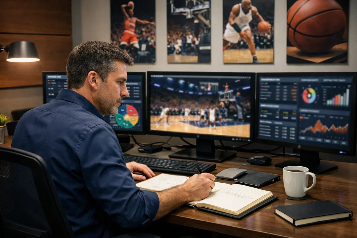 Analista estudiando partidos de Euroliga en múltiples pantallas