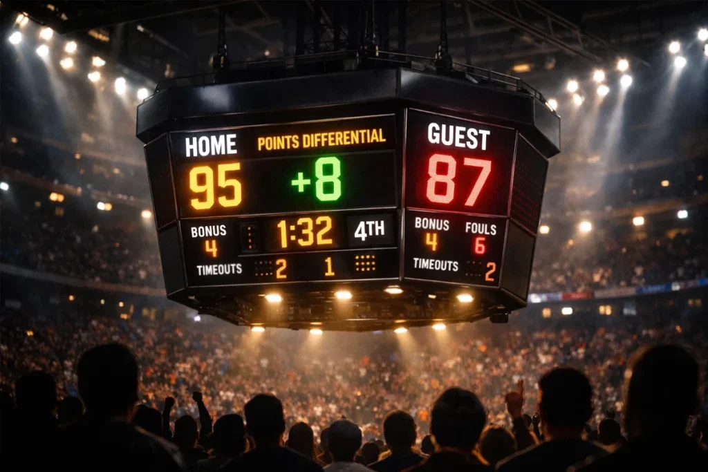 Marcador de baloncesto mostrando diferencia de puntos entre equipos