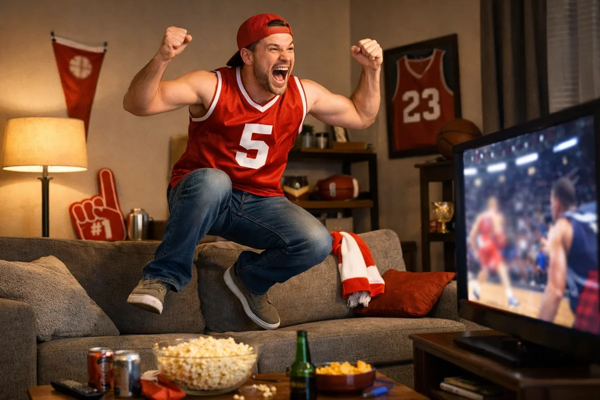 Aficionado celebrando mientras ve partido de baloncesto