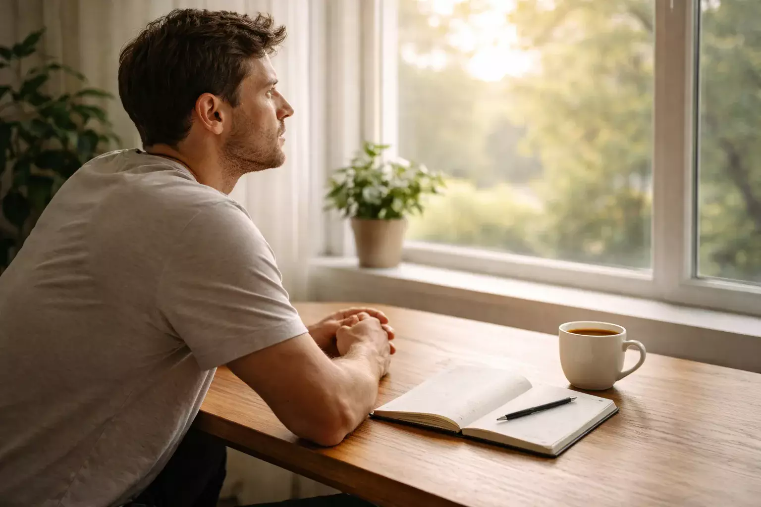 Persona reflexionando tranquilamente junto a una ventana con un cuaderno abierto sobre la mesa