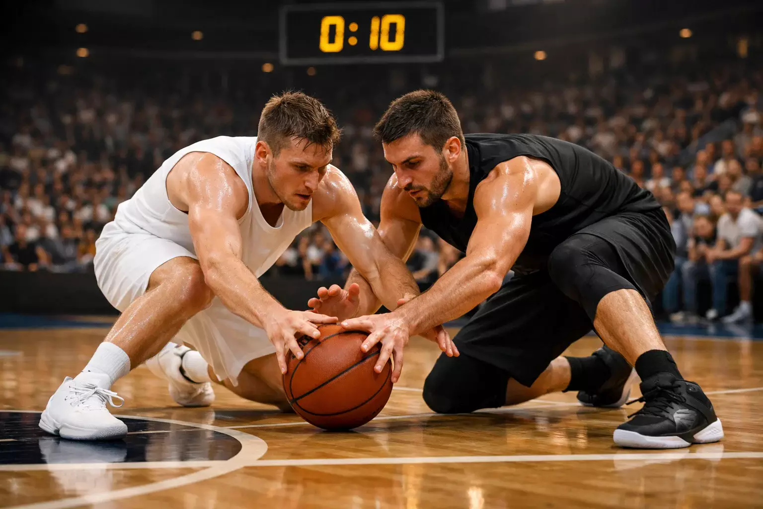 Banquillo de un equipo de baloncesto con jugadores suplentes en un pabellón iluminado