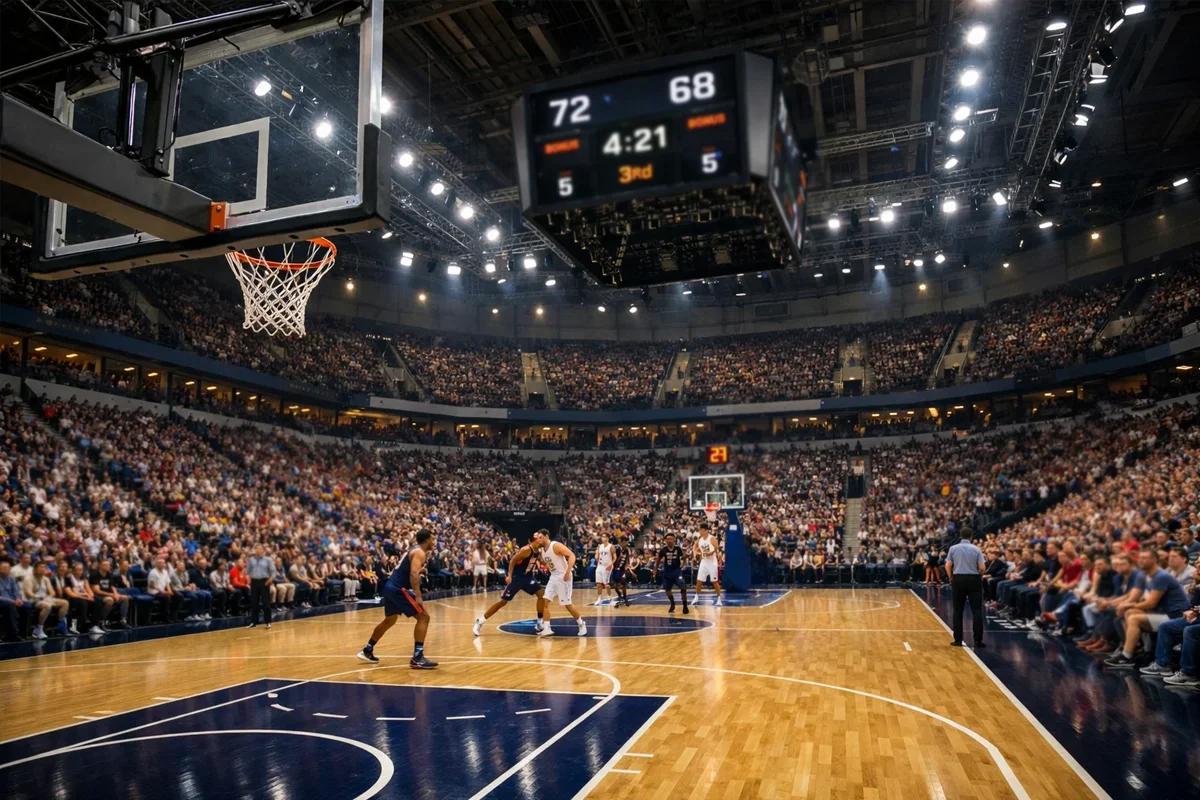 Cancha de baloncesto profesional con tablero electrónico y gradas llenas de aficionados