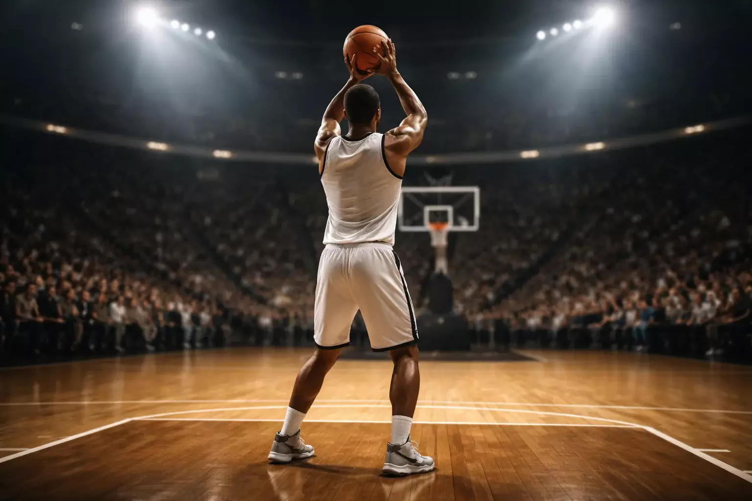 Jugador de baloncesto lanzando un tiro libre en una cancha profesional iluminada