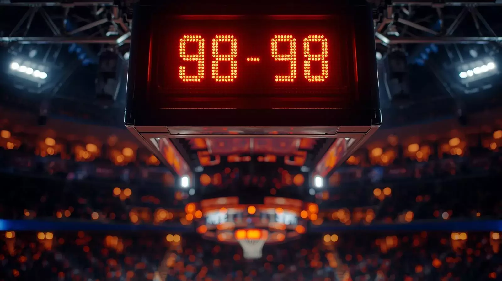 Marcador de baloncesto mostrando un empate al final del cuarto periodo en un pabellón