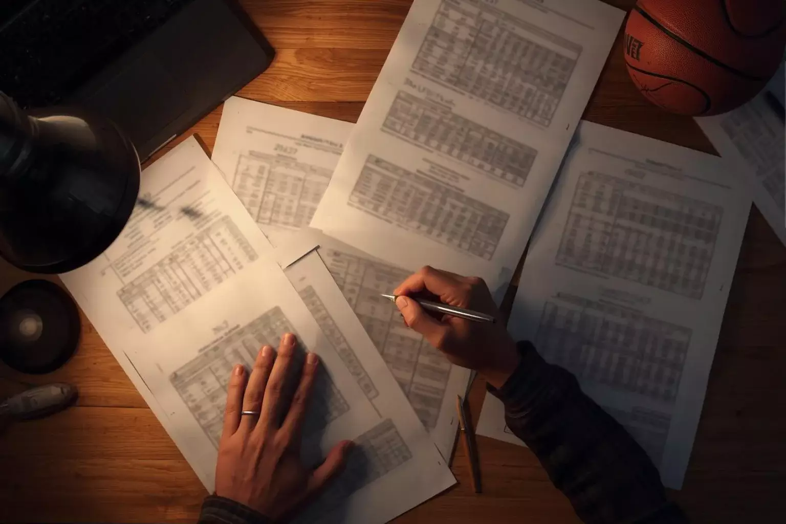 Analista deportivo estudiando datos de baloncesto con notas y bolígrafo en su escritorio
